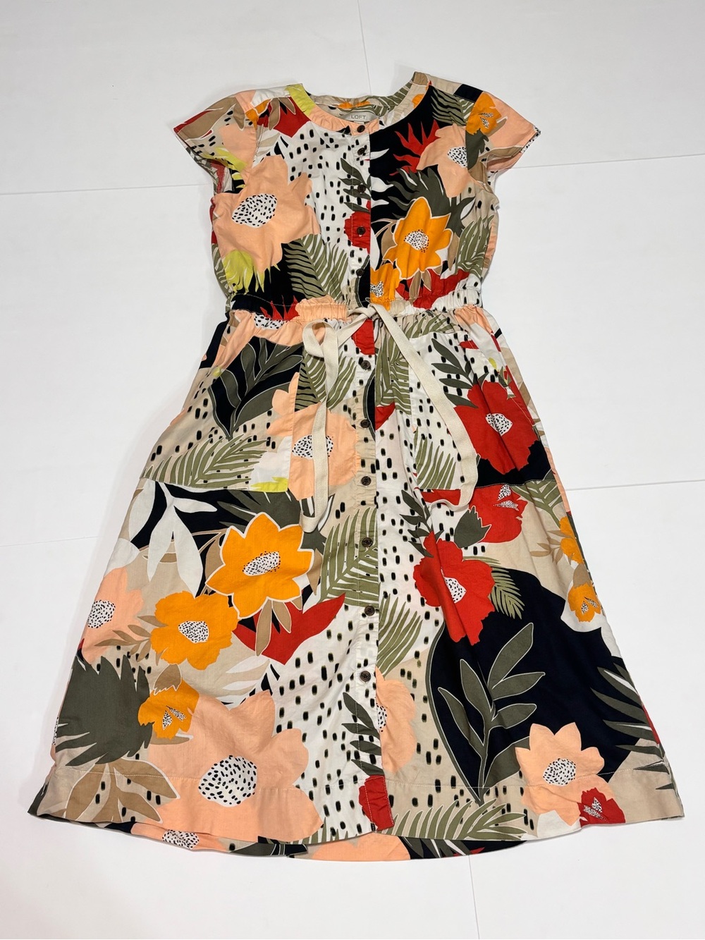 LOFT Floral Button-Front Dress in Peach, Yellow, Red, Black